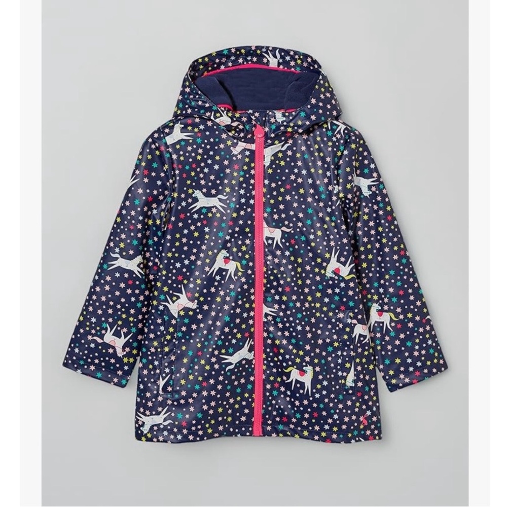 VGUC Joules Big Girls Raindance Fleece Lined Coat in Navy Unicorn Star Print 11